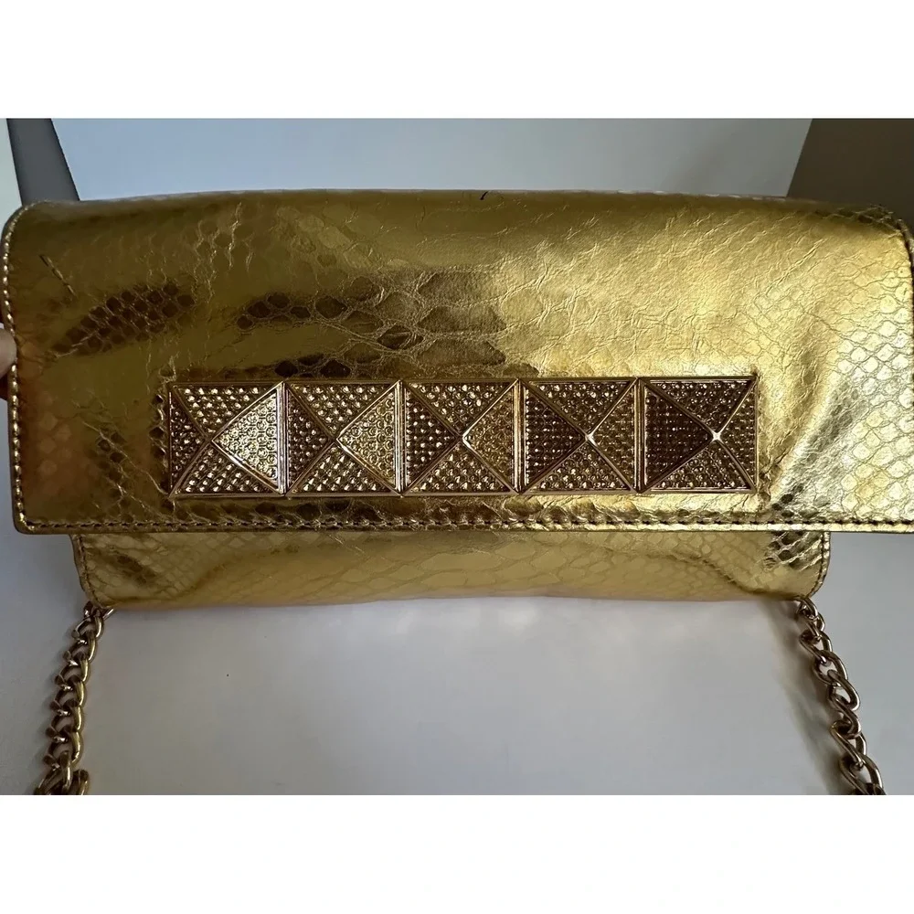 Michael Kors Gold Snakeskin Python Embossed‎ Studded Clutch Bag Small READ